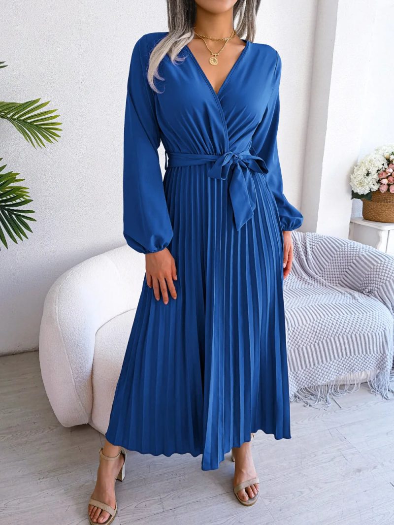 Women Elegant V Neck Long Sleeve Pleated Maxi Dress - Image 10
