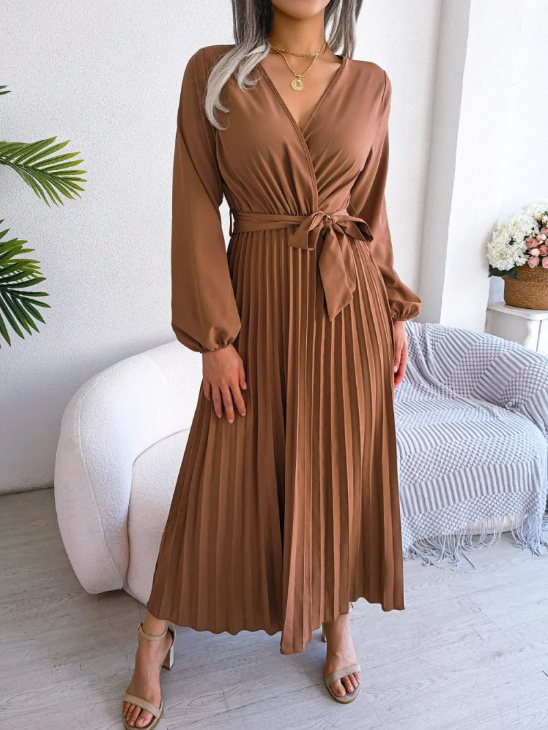 Women Elegant V Neck Long Sleeve Pleated Maxi Dress - Image 7