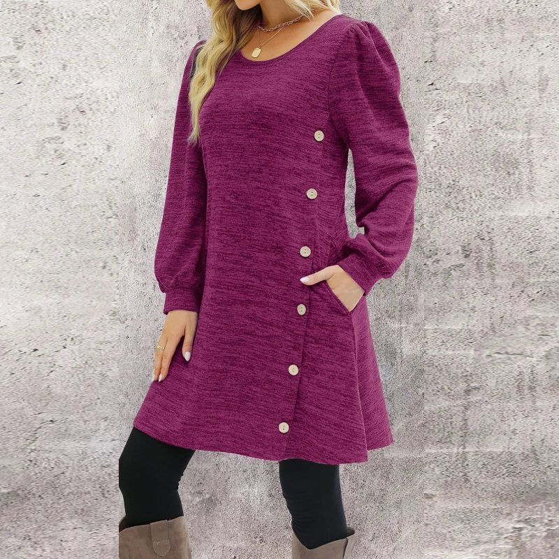 Long Sleeve Round Neck Pocket Dress - Image 8