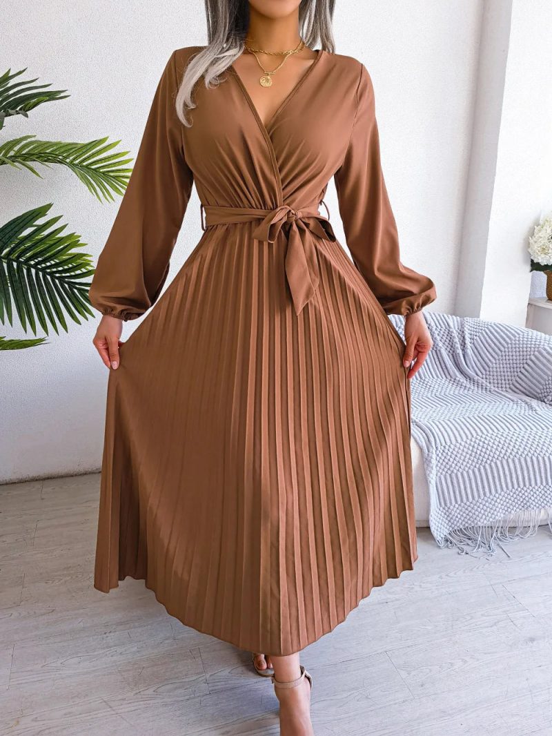 Women Elegant V Neck Long Sleeve Pleated Maxi Dress - Image 4