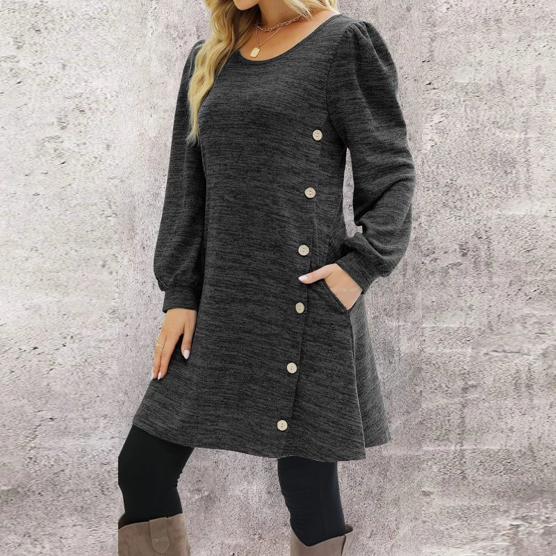 Long Sleeve Round Neck Pocket Dress - Image 5