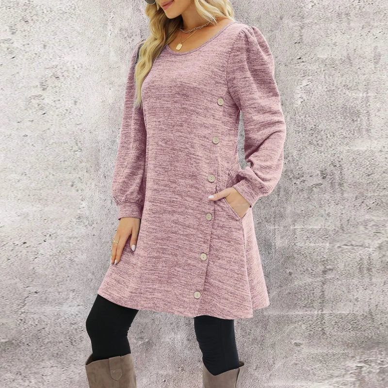 Long Sleeve Round Neck Pocket Dress - Image 2