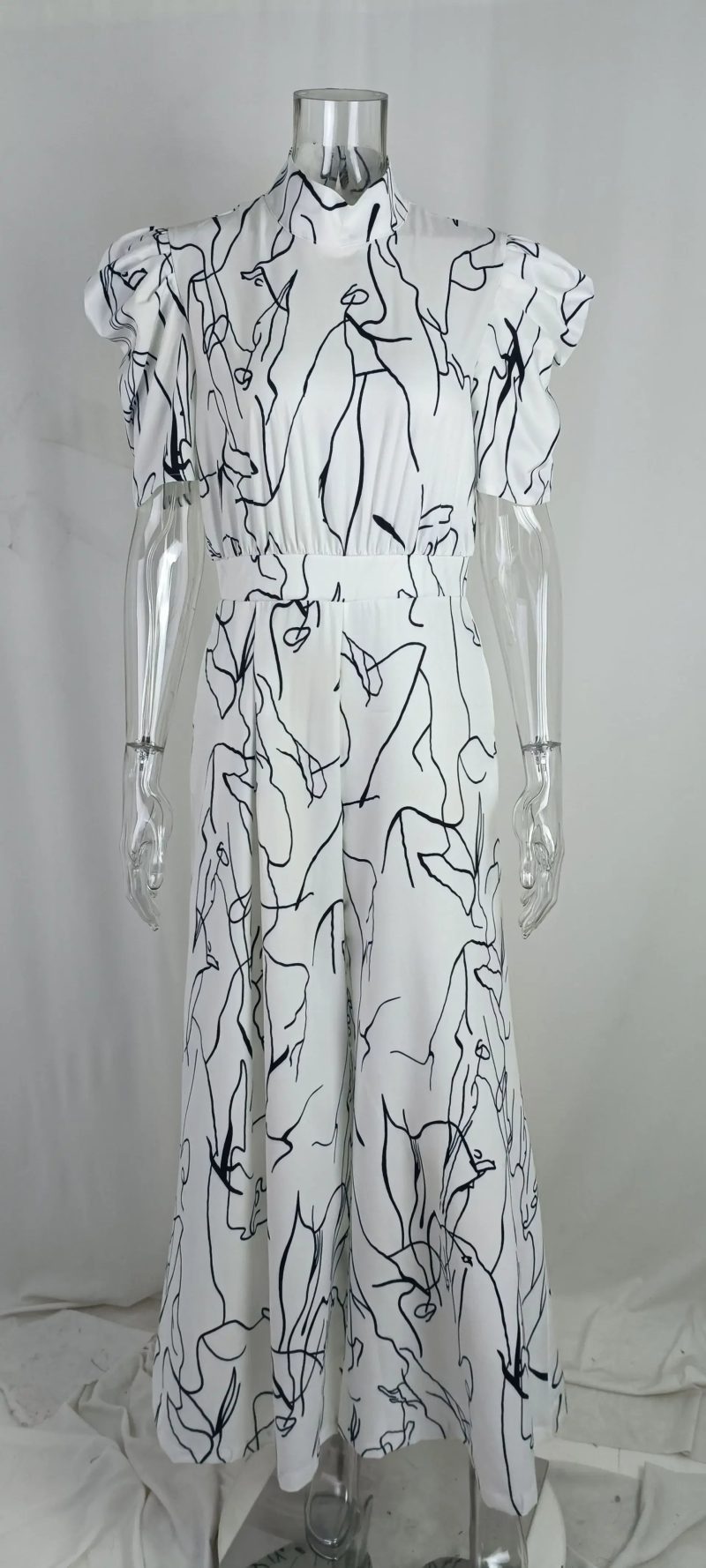 Elegant Short-sleeved Neck Art Printing Jumpsuit - Image 4