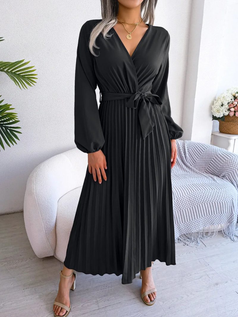 Women Elegant V Neck Long Sleeve Pleated Maxi Dress - Image 6