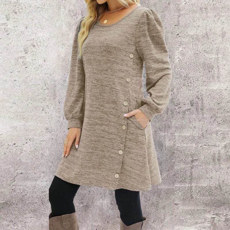 Long Sleeve Round Neck Pocket Dress - Image 7