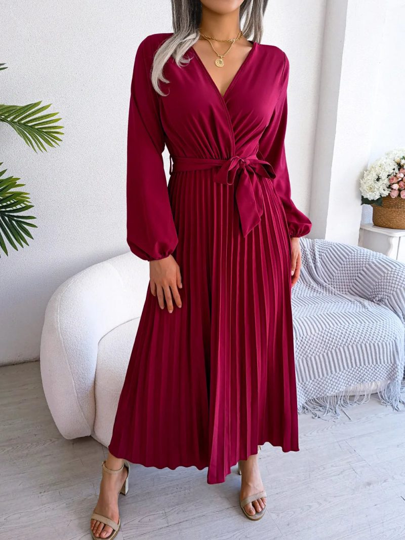 Women Elegant V Neck Long Sleeve Pleated Maxi Dress - Image 9