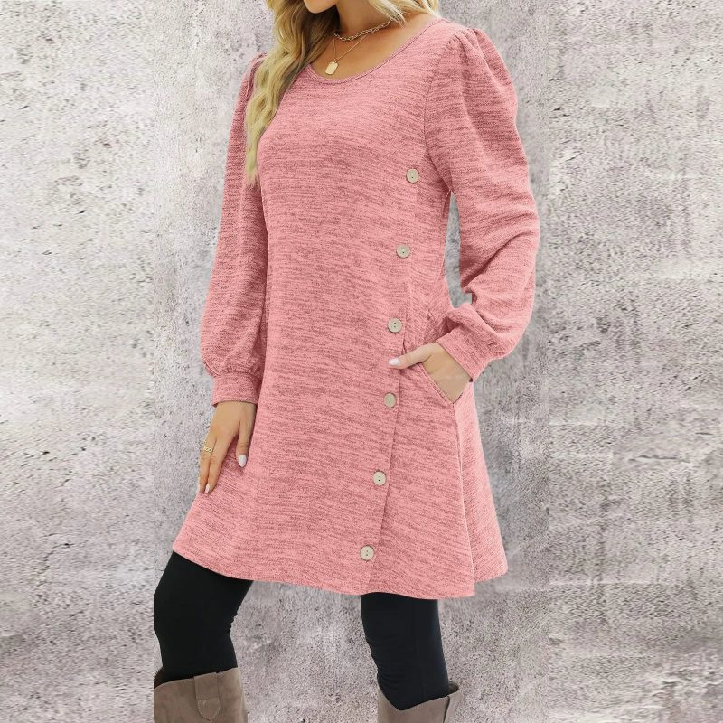 Long Sleeve Round Neck Pocket Dress - Image 3