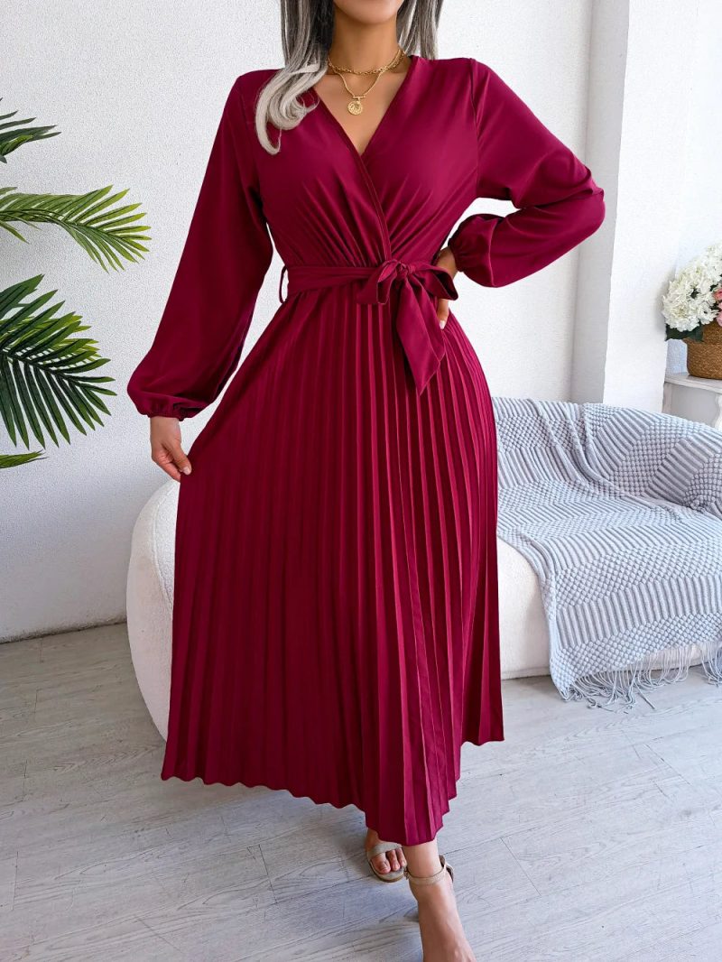 Women Elegant V Neck Long Sleeve Pleated Maxi Dress - Image 2