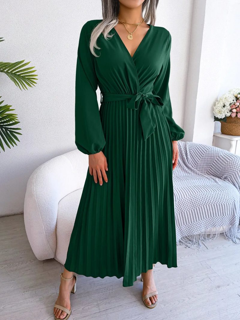 Women Elegant V Neck Long Sleeve Pleated Maxi Dress - Image 8