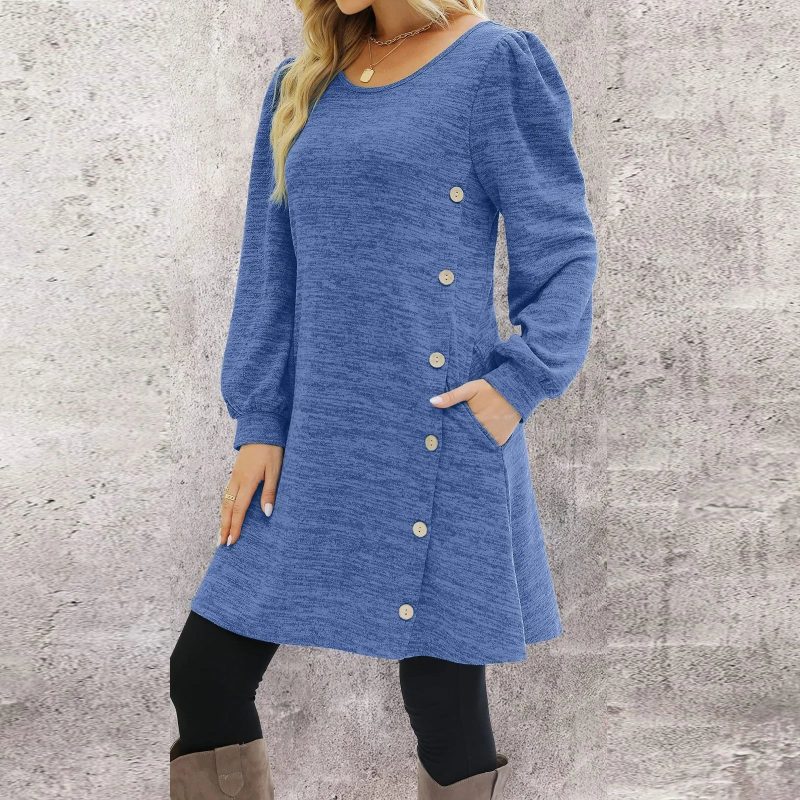 Long Sleeve Round Neck Pocket Dress - Image 4